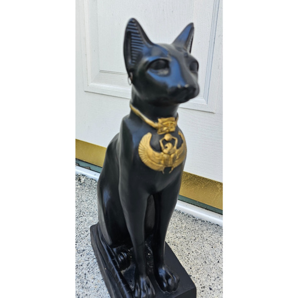 Ancient Egyptian Sitting Black and Gold Bastet Cat Figurine Egypt 13 1/2" - Picture 4 of 12